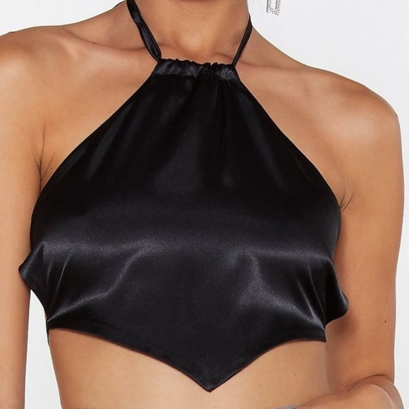 Black Satin Backless Halter Top - Picture 1 of 3